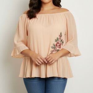 Women's Peach Flowy Oversized Lg Embroidered Rose Applique Sheer Top Ruffled